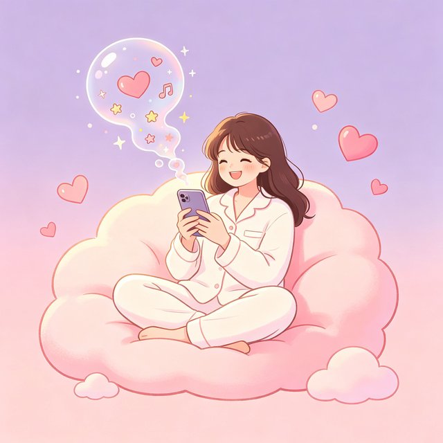 女生抱着手机与我在ai聊天，身边漂浮着爱心和聊天气泡的插画