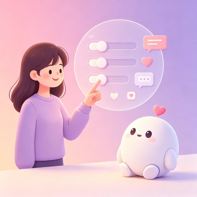 女生在面板上自定义性格与聊天风格，白色小机器人歪头陪伴的插画